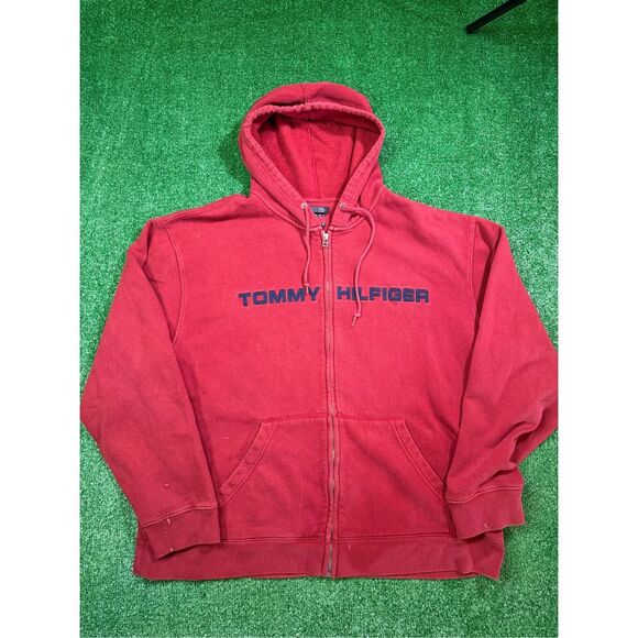 Vintage‎ Y2K Tommy Hilfiger Spell-out Red zip up hooded Jacket - Picture 1 of 9